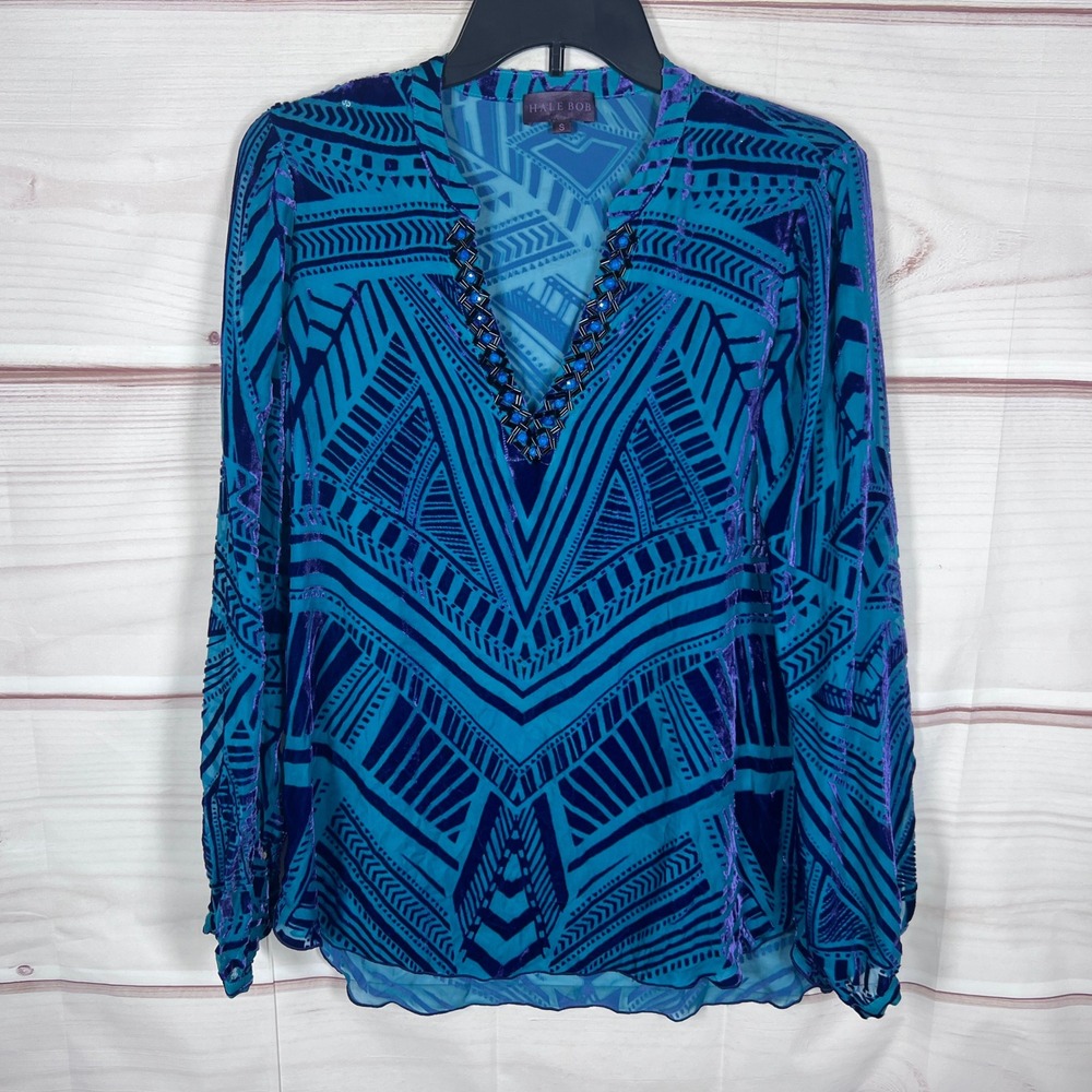 Hale Bob Blouse Womens S Blue Geometric Silk Blend Velvet Burnout Beaded V-Neck